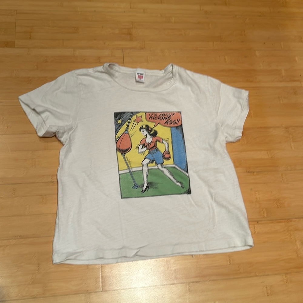Re/Done White Graphic Short Sleeve Tee with Multicolor Comic Print